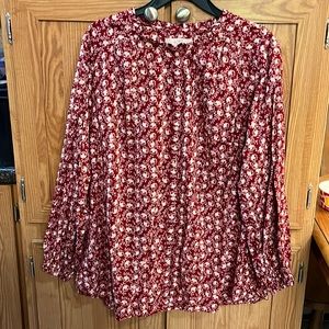 Burgundy white flowered long sleeve blouse